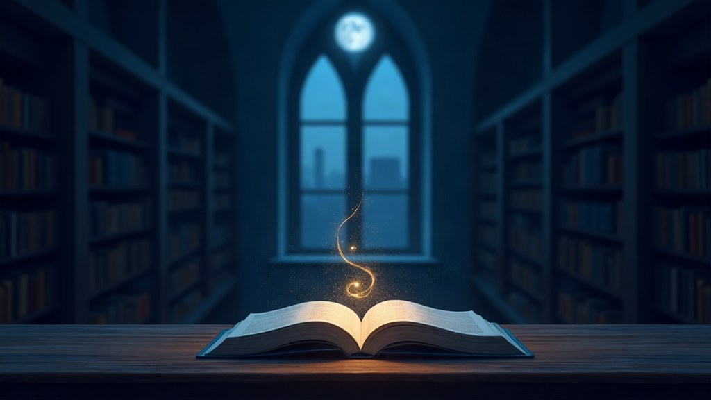 The Hypnosis Academy study — an open book under indigo moonlight with a gold spiral of light