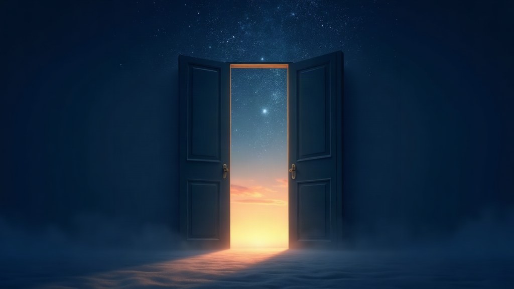 Illustration of golden doors opening to starlight, freedom from myths