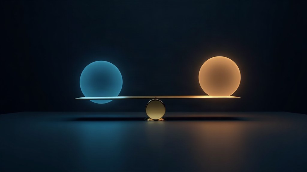 Illustration of a balanced scale holding glowing golden orbs