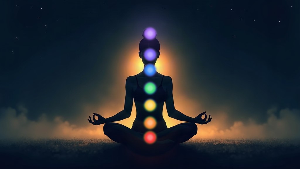 Illustration of the seven chakras glowing along the spine of a meditating figure