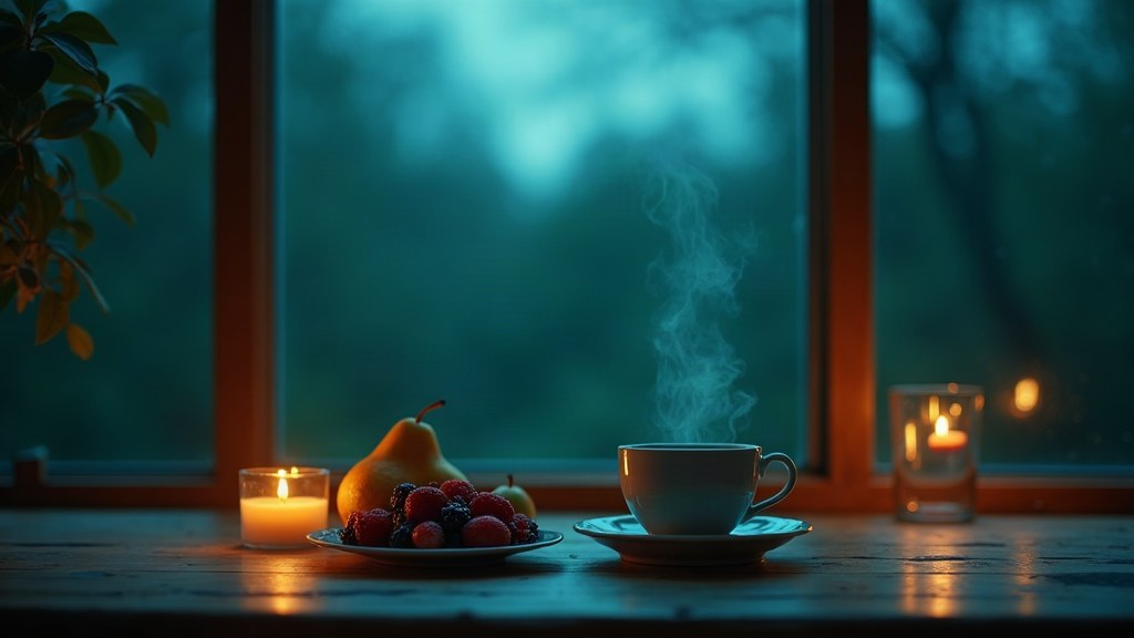 Hypnosis for emotional eating — a calm evening tea and fruit still life